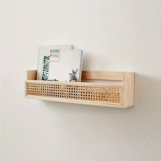 Vintage-Style Bamboo & Rattan Wall Shelf with Hooks - Versatile Storage for Any Room