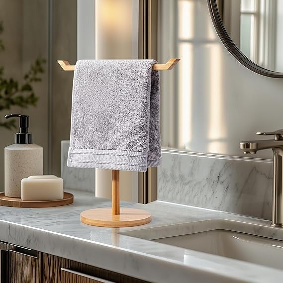 Towel Racks for Bathroom, Bamboo T-Shaped Free Standing Hand Towel Holder Stand, Towel bar for Bathroom Kitchen & Countertop