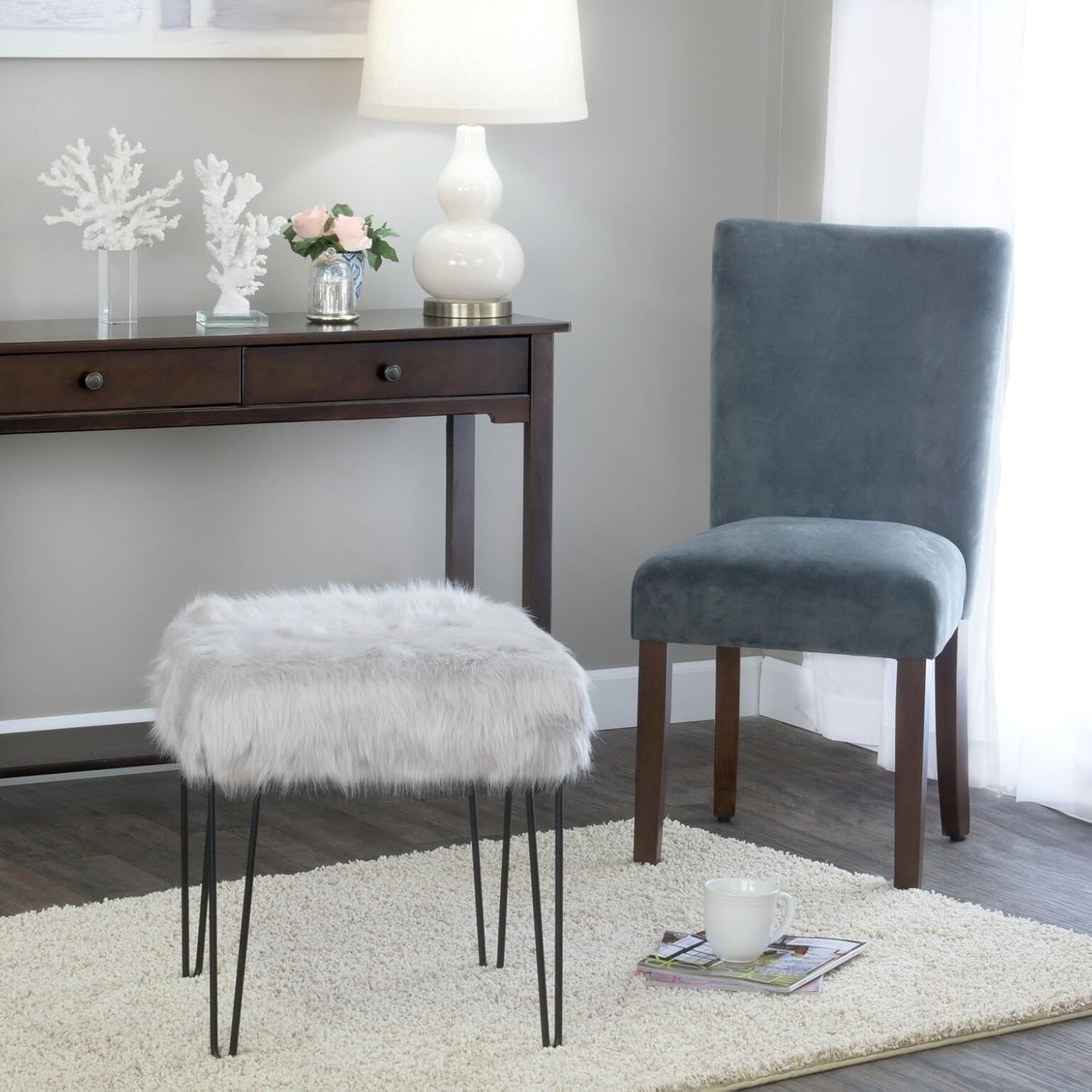 HomePop Faux Fur Decorative Square Ottoman with Metal Hairpin Legs, Grey