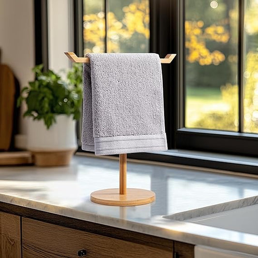 Towel Racks for Bathroom, Bamboo T-Shaped Free Standing Hand Towel Holder Stand, Towel bar for Bathroom Kitchen & Countertop