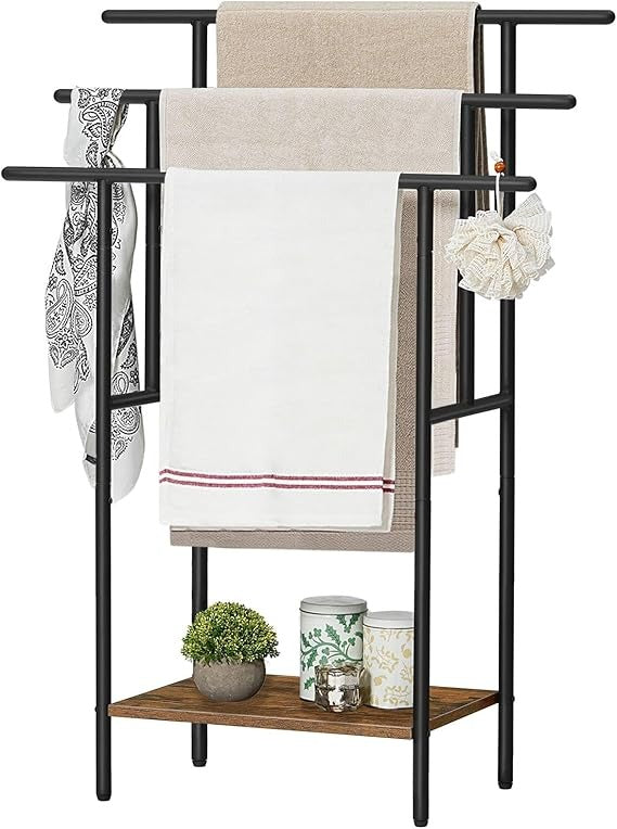 Tall Freestanding Towel Rack for Bathroom, 3 Tier Stepped Blanket Rack with Shelf, Oversized Bath Towels Drying and Display Rack