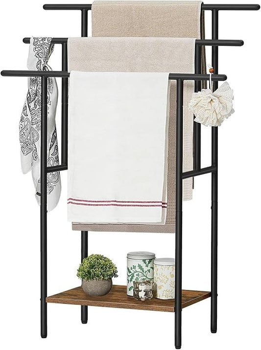 Tall Freestanding Towel Rack for Bathroom, 3 Tier Stepped Blanket Rack with Shelf, Oversized Bath Towels Drying and Display Rack