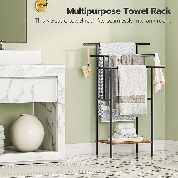 Tall Freestanding Towel Rack for Bathroom, 3 Tier Stepped Blanket Rack with Shelf, Oversized Bath Towels Drying and Display Rack