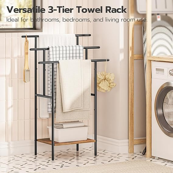 Tall Freestanding Towel Rack for Bathroom, 3 Tier Stepped Blanket Rack with Shelf, Oversized Bath Towels Drying and Display Rack