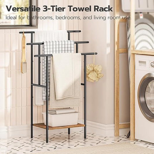 Tall Freestanding Towel Rack for Bathroom, 3 Tier Stepped Blanket Rack with Shelf, Oversized Bath Towels Drying and Display Rack