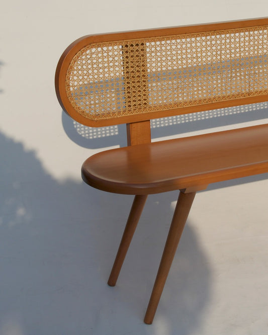 Handcrafted Wooden Bench with Woven Rattan Seat – Stylish & Versatile Seating