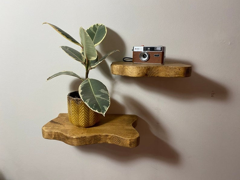 Rustic Live Edge Solid Wood Floating Shelves – Chunky Scaffold with Hidden Brackets