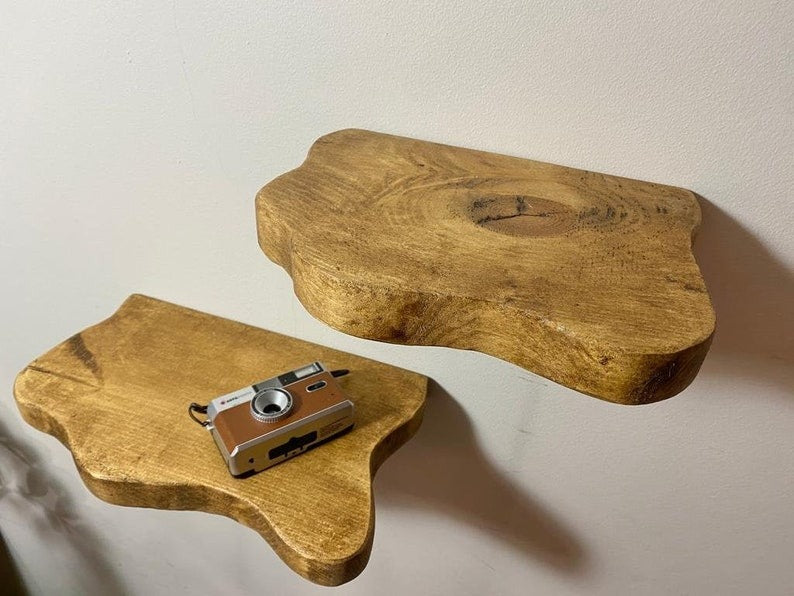 Rustic Live Edge Solid Wood Floating Shelves – Chunky Scaffold with Hidden Brackets