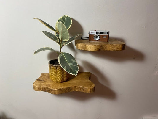 Rustic Live Edge Solid Wood Floating Shelves – Chunky Scaffold with Hidden Brackets
