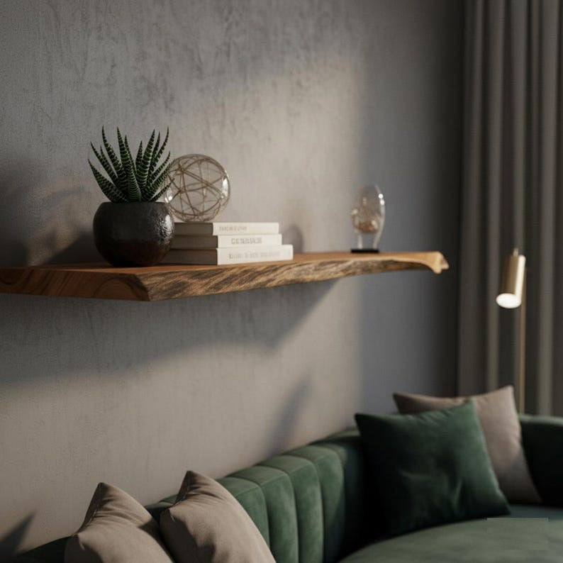 Live Edge Teak Floating Shelf – Rustic Modern Handmade Wood Wall Decor & Kitchen Shelves