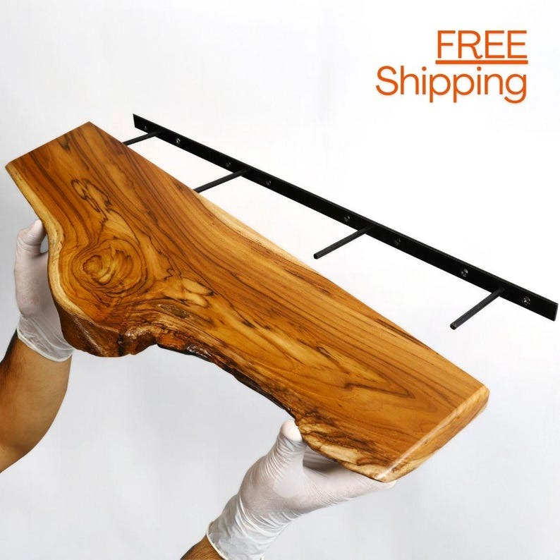 Live Edge Teak Floating Shelf – Rustic Modern Handmade Wood Wall Decor & Kitchen Shelves