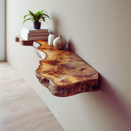 Live Edge Teak Floating Shelf – Rustic Modern Handmade Wood Wall Decor & Kitchen Shelves