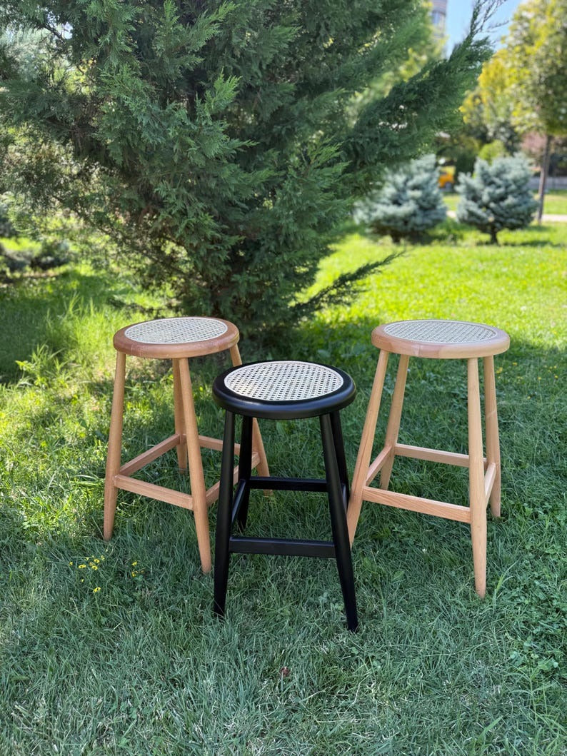 Customizable Handmade Wooden Bar Stool with Rattan Seat – Natural Wood & Black Finish