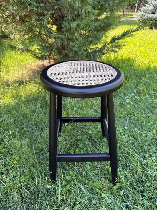 Customizable Handmade Wooden Bar Stool with Rattan Seat – Natural Wood & Black Finish