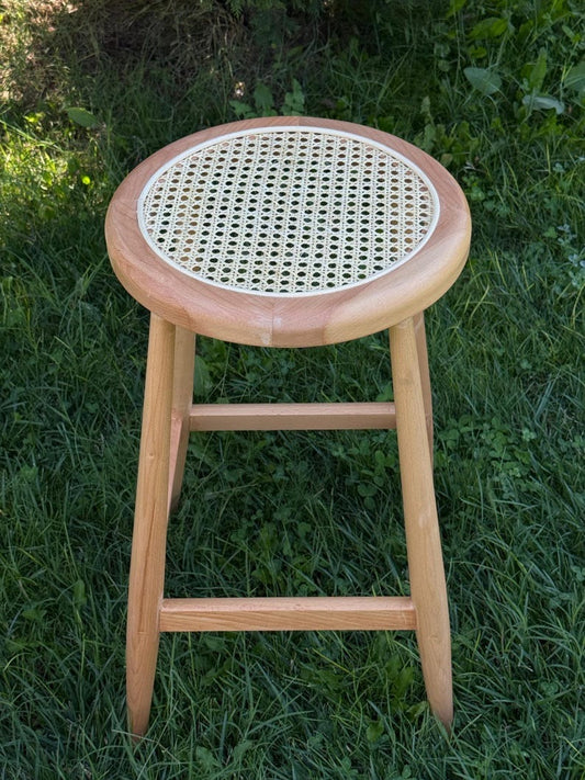 Customizable Handmade Wooden Bar Stool with Rattan Seat – Natural Wood & Black Finish