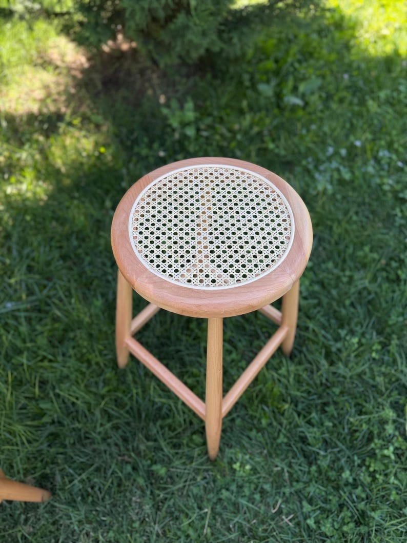Customizable Handmade Wooden Bar Stool with Rattan Seat – Natural Wood & Black Finish