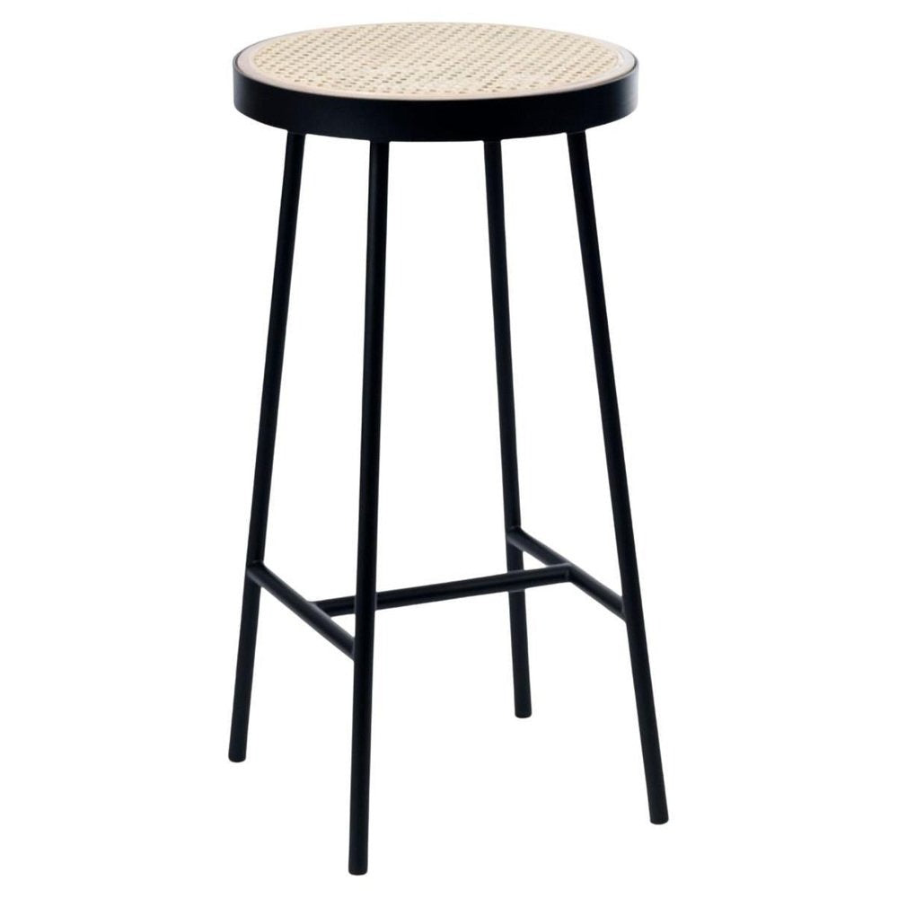 Round Rattan Woven Seat Stool with Black Metal Frame – Modern Minimalist Design