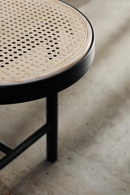 Round Rattan Woven Seat Stool with Black Metal Frame – Modern Minimalist Design
