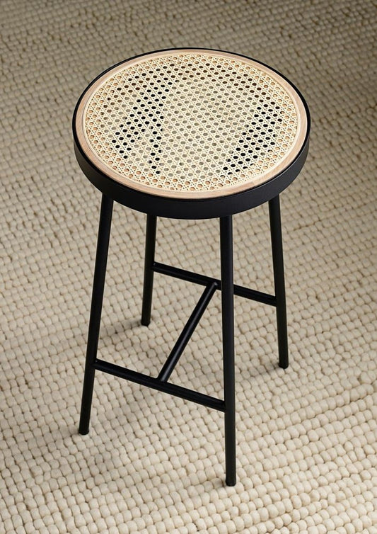 Round Rattan Woven Seat Stool with Black Metal Frame – Modern Minimalist Design