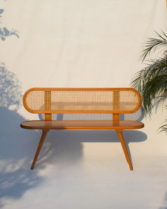 Handcrafted Wooden Bench with Woven Rattan Seat – Stylish & Versatile Seating