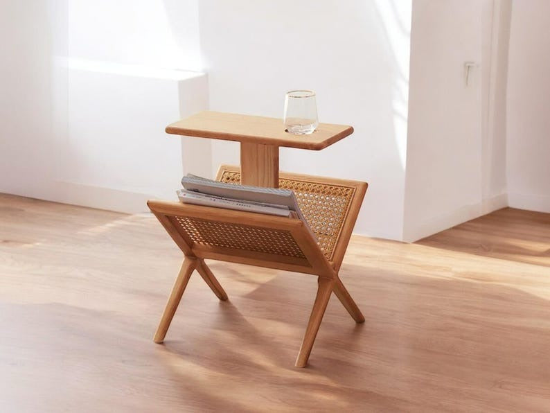 Handcrafted Wooden Magazine Rack Side Table, Modern Minimalist Bedside Table, Unique Decor for Living Room or Bedroom