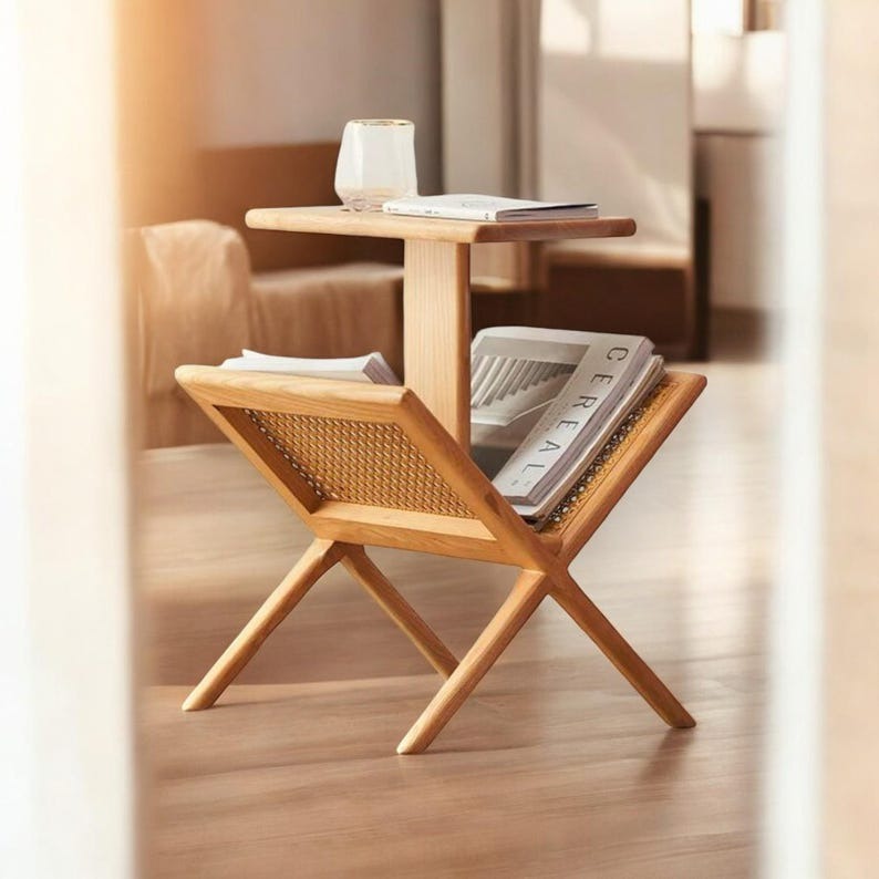 Handcrafted Wooden Magazine Rack Side Table, Modern Minimalist Bedside Table, Unique Decor for Living Room or Bedroom