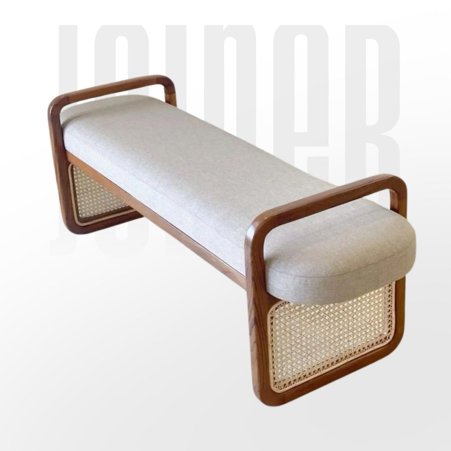 Sufi Rattan Bench in solid wood with cozy cushioning — ideal for entryways, lounge, or front of bed.