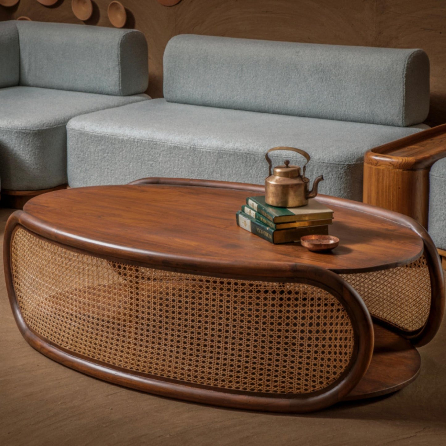 Solid Wood & Rattan Coffee Table β Modern Oval Living Room Center Table β Double Layer Storage Design