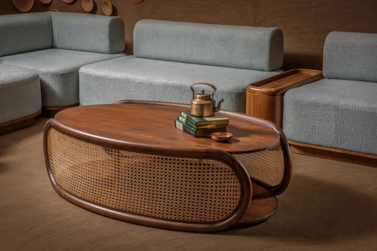 Solid Wood & Rattan Coffee Table – Modern Oval Living Room Center Table – Double Layer Storage Design