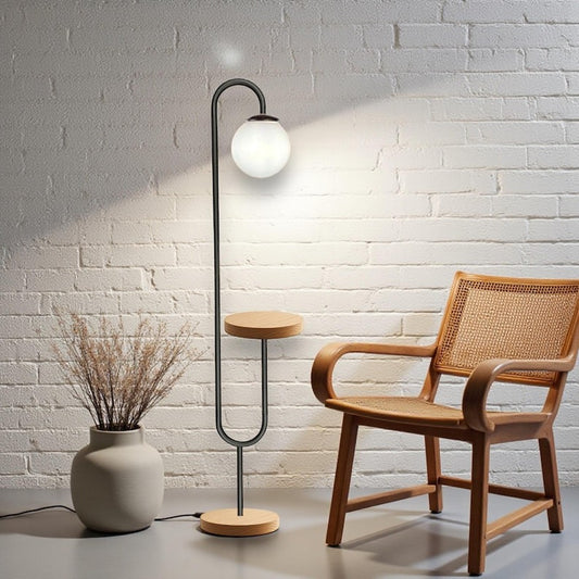 Modern Globe Shelf Floor Lamp: Handmade Oak & Metal Lighting