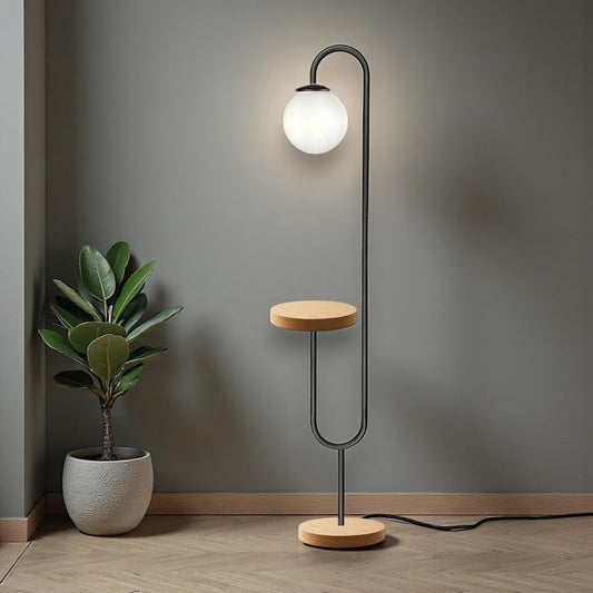 Modern Globe Shelf Floor Lamp: Handmade Oak & Metal Lighting