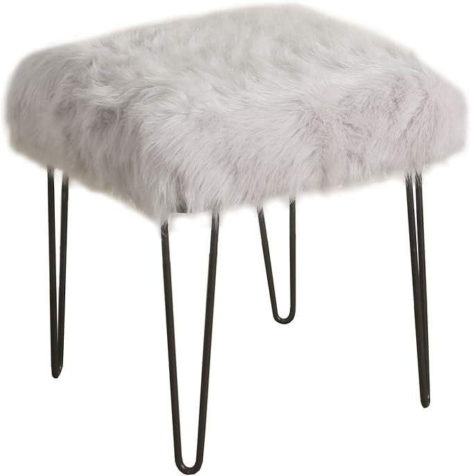 HomePop Faux Fur Decorative Square Ottoman with Metal Hairpin Legs, Grey