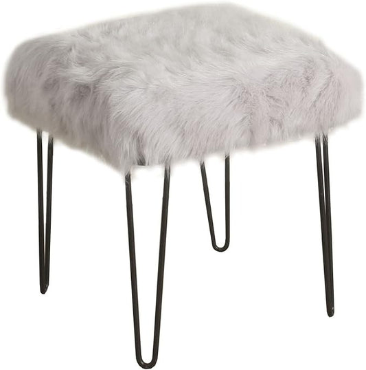 HomePop Faux Fur Decorative Square Ottoman with Metal Hairpin Legs, Grey