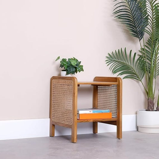 Urban Sheesham Wood & Rattan Side Table – Modern Boho Accent