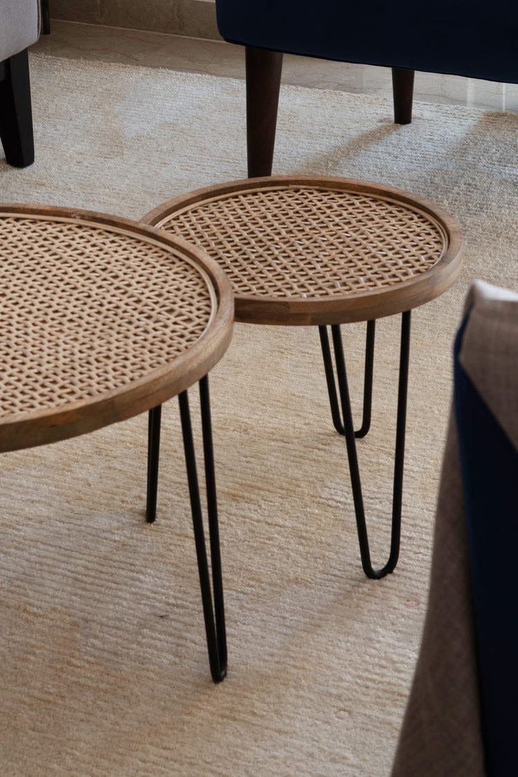 Handmade Rattan Round Side Tables (Pair) β Natural Cane Top with Hairpin Legs
