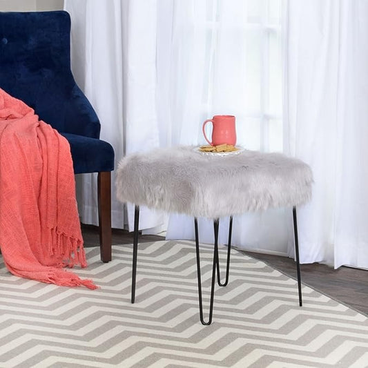 HomePop Faux Fur Decorative Square Ottoman with Metal Hairpin Legs, Grey