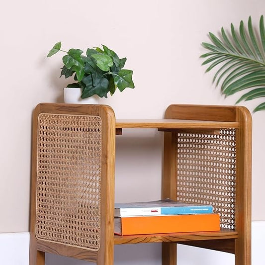 Urban Sheesham Wood & Rattan Side Table – Modern Boho Accent