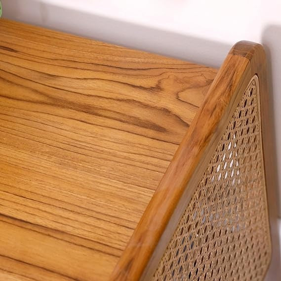 Urban Sheesham Wood & Rattan Side Table – Modern Boho Accent
