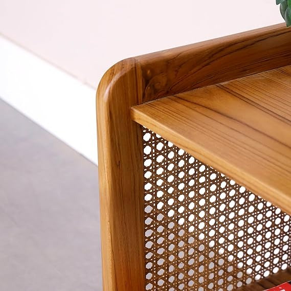 Urban Sheesham Wood & Rattan Side Table – Modern Boho Accent