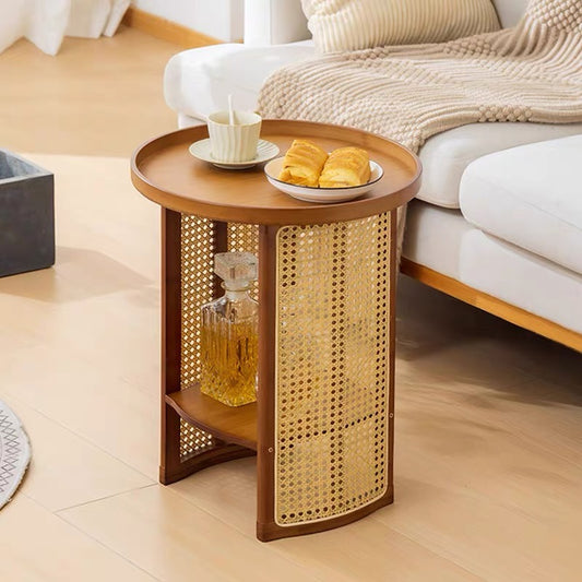 Round Rattan Woven Coffee Table – Small Living Room Accent & Bedside Shelf