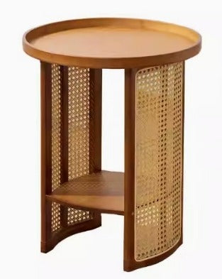 Round Rattan Woven Coffee Table – Small Living Room Accent & Bedside Shelf