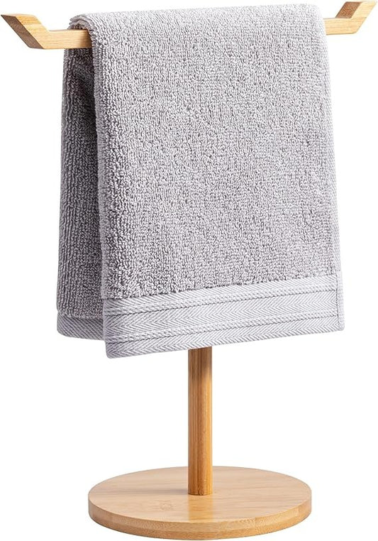 Towel Racks for Bathroom, Bamboo T-Shaped Free Standing Hand Towel Holder Stand, Towel bar for Bathroom Kitchen & Countertop