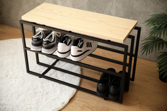 2-Tier industrial Shoe Rack, Wooden and Metal Shoe Rack