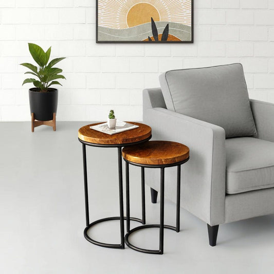 Set of 2 Round Nesting Side Table, Wood End Table
