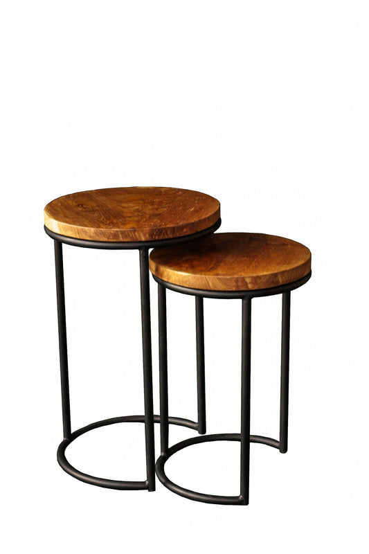 Set of 2 Round Nesting Side Table, Wood End Table