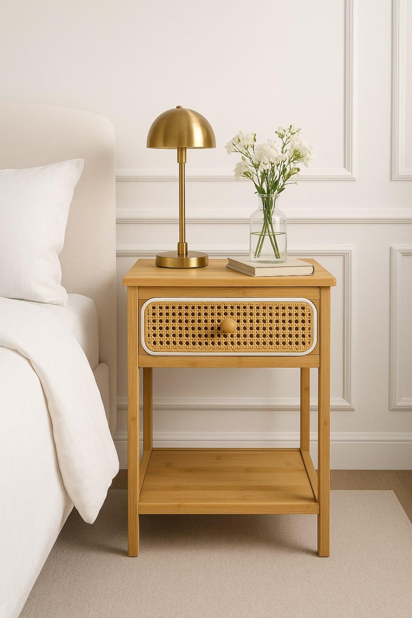 Rattan Bamboo Nightstand with Drawer