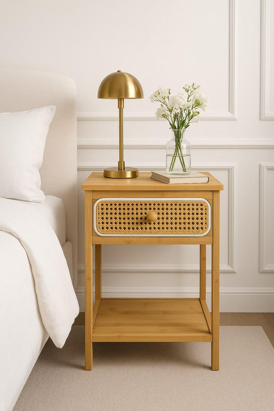 Rattan Bamboo Nightstand with Drawer