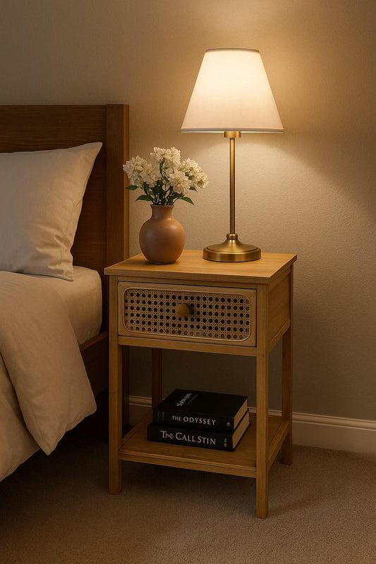 Rattan Bamboo Nightstand with Drawer