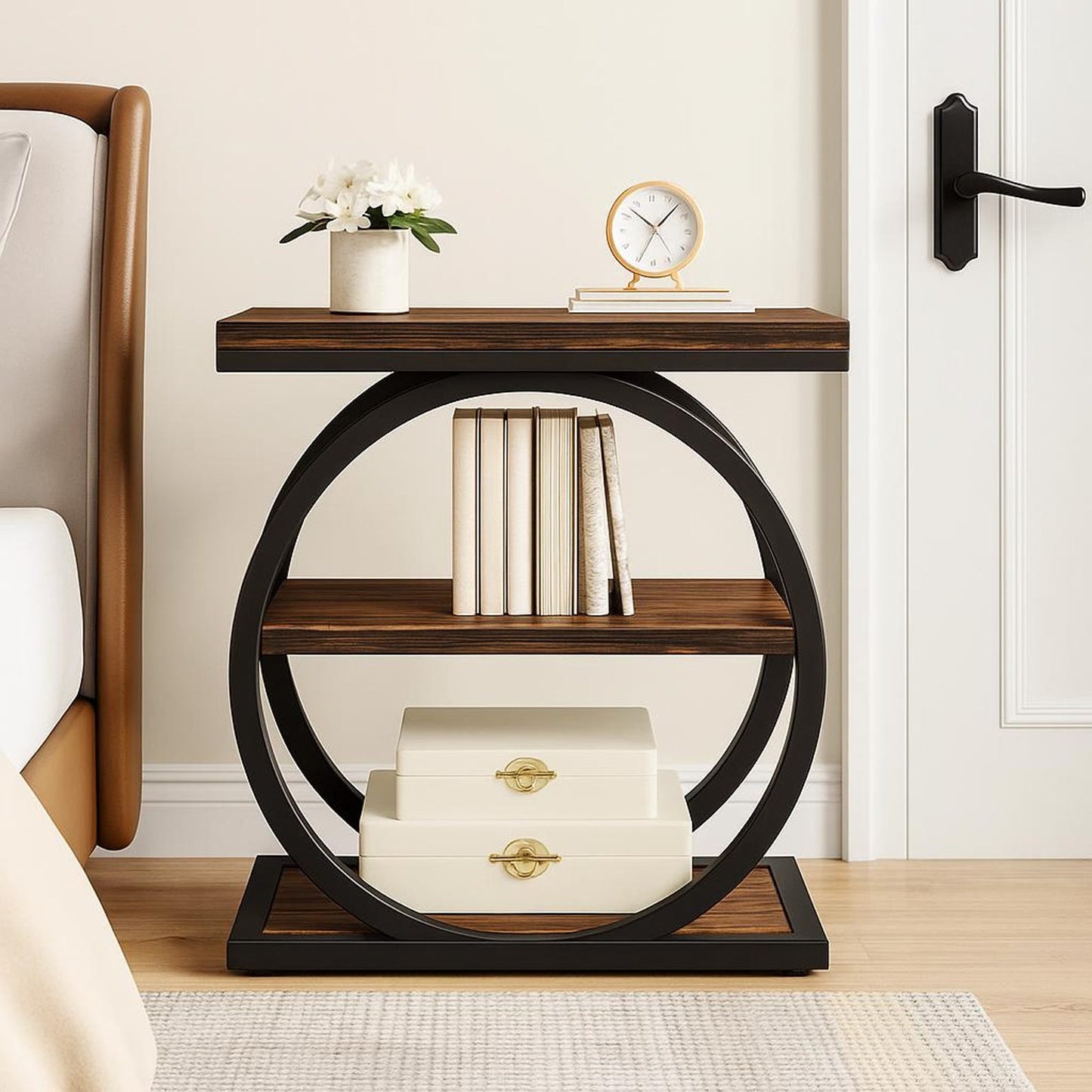 Modern Industrial Side Table, 3-Tier Wooden End Table