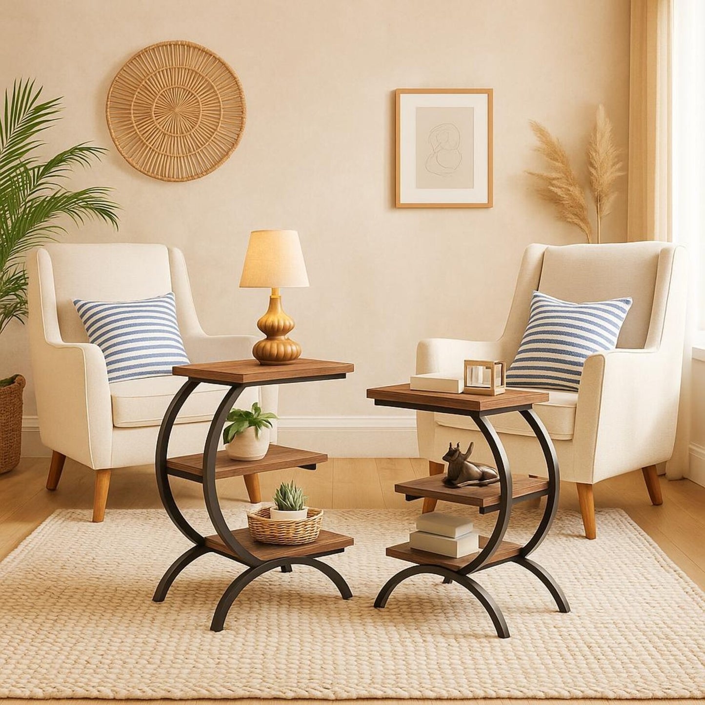 3-Tier Wood & Metal Side Table with Storage Shelf